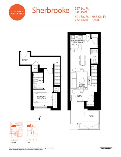 Floor plan for 1 bed, 1.5 baths, 958 sqft